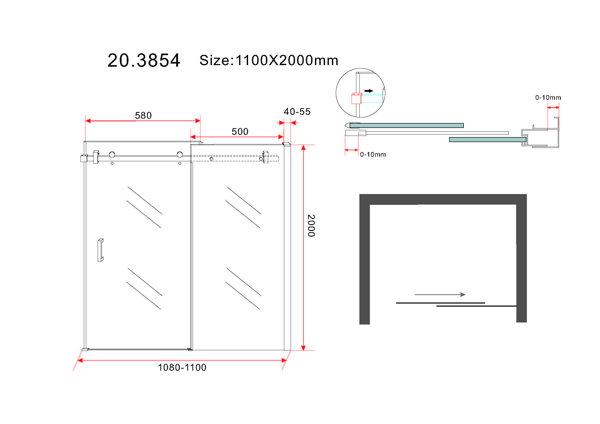Kit rail en inox pour porte coulissante en verre - 2 m