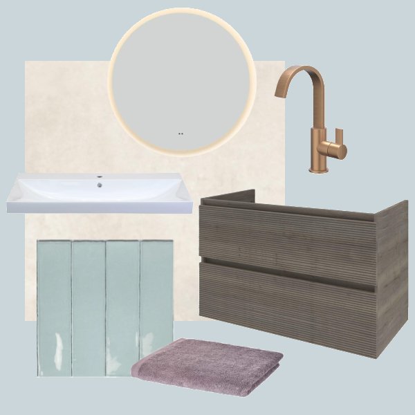 Badkamer moodboard met tegels, meubel, kraan, spiegel, wastafel en handdoek