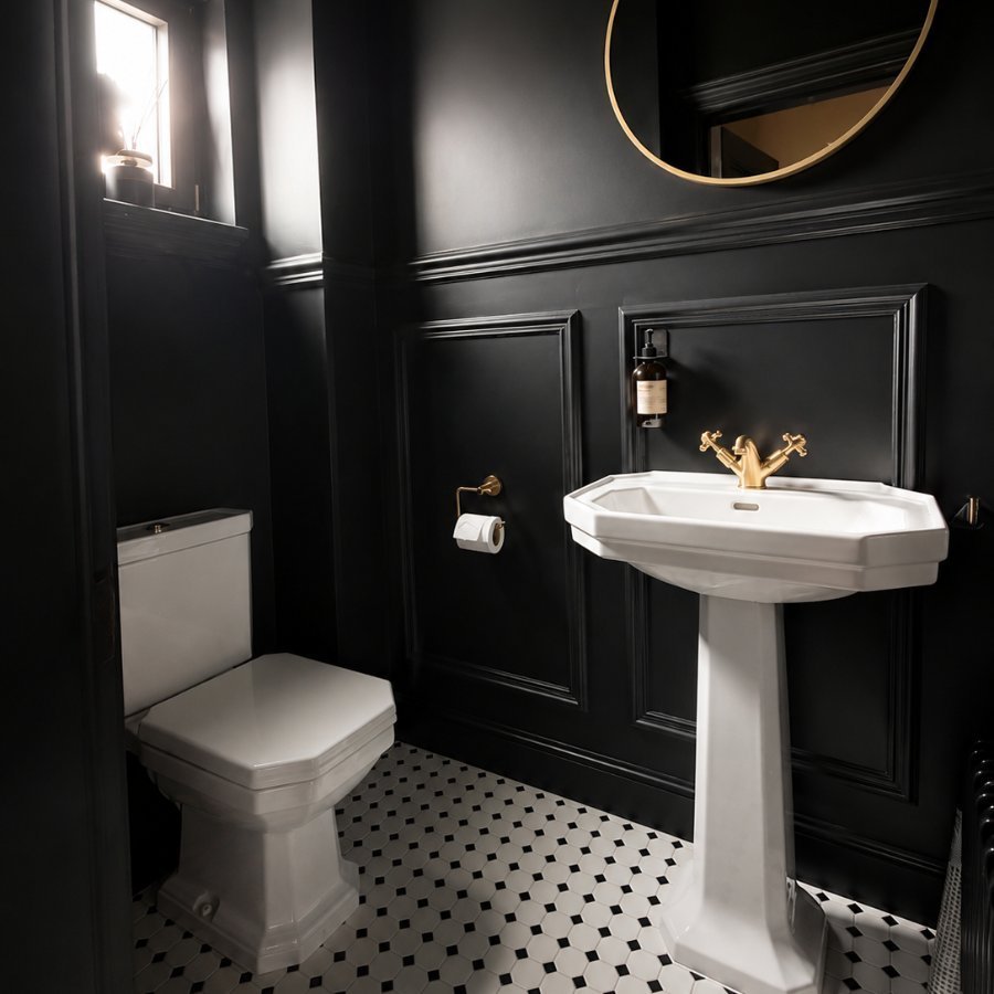 donkere toiletruimte in klassieke stijl met gouden details