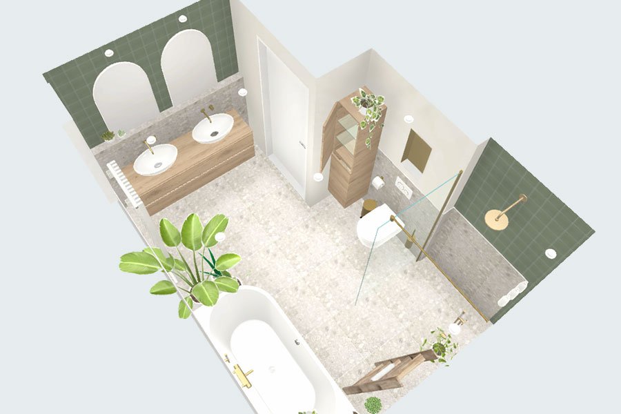 3D-ontwerp van een badkamer met groen en gouden accenten