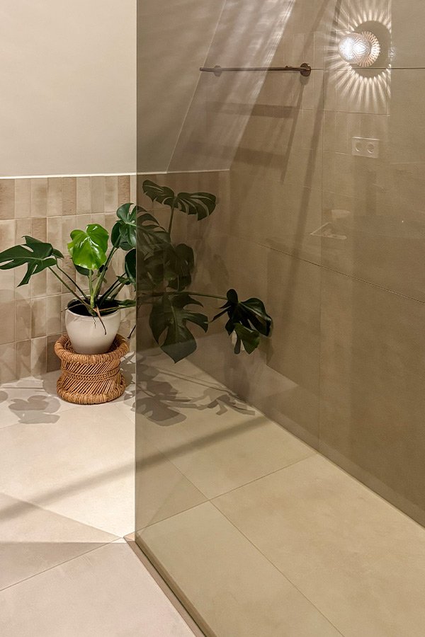 salle de bains beige avec paroi de douche en verre bronze 