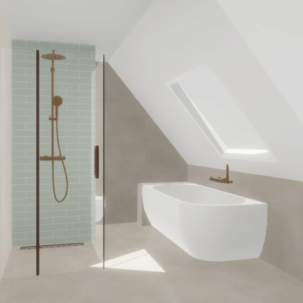 voorbeeld van een 3d badkamer met schuin dak, douche en bad en beige tegels