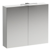 Laufen Base meuble WC 80x18.5x70cm avec éclairage à LED 2x porte miroir 2 voies à gauche 2 étagères en verre et prise en bois/ verre blanc brillant SW157436