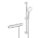 GROHE Grohtherm 1000 Ensemble de douche - mitigeur de douche thermostatique - entraxe=12cm - avec ensemble barre de douche - 60cm - douchette à main carrée - 2 jets - flexible de douche lisse - chrome SW999057