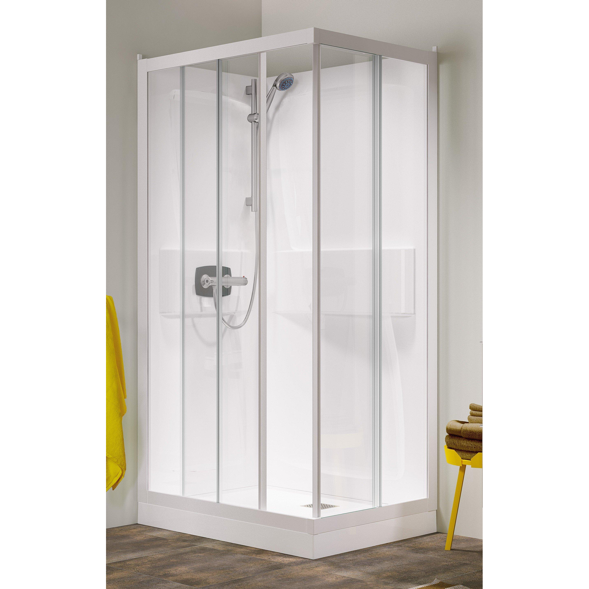 Kinedo Kineprime cabine de douche carrée avec bac à douche 15cm avec portes  coulissantes 90x90x208cm avec mitigeur de douche, douchette à main et barre  murale blanc/clair - CA550TTN 