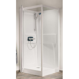 Kinedo Kineprime cabine de douche carrée avec receveur de douche 15cm et porte pivotante 80x80x208cm avec mitigeur de douche, douche à main et barre murale blanc/clair