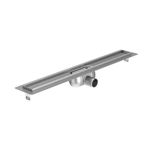 Aco ShowerDrain C caniveau de douche en inox avec flasque de sol, grille noire 70mm de large, siphon 50mm, 885mm de profondeur d'encastrement 92mm avec sortie latérale.
