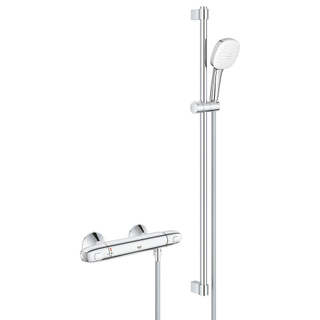 GROHE Grohtherm 1000 Ensemble de douche - robinet de douche thermostatique - avec ensemble de douche - 90cm - pomme de douche carrée - 3 types de jet - flexible de douche lisse - chrome