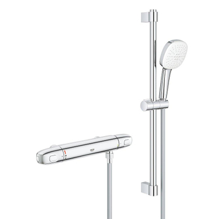 GROHE Grohtherm 1000 Ensemble de douche - robinet de douche thermostatique - HOH=15cm - avec ensemble de douche - 60cm - pomme de douche carrée - 2 types de jets - flexible de douche lisse - chrome