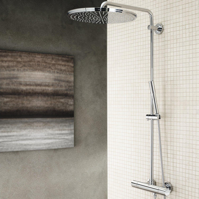 GROHE Rainshower Cosmopolitan colonne de douche avec robinet de douche thermostatique et douche de tête Ø40cm entraxe=15cm et Sena douchette à main chrome