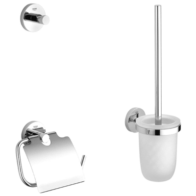 GROHE Essentials Set d'accessoires pour toilettes 3 pièces avec porte-balai de toilettes, patère et porte-rouleau de papier toilette avec clapet chrome