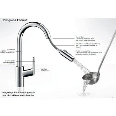 Hansgrohe Focus m41 Eengreeps keukenmengkraan - 240 met uittrekbare vuistdouche - 2 straalsoorten - hoogglans chroom