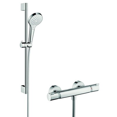 Hansgrohe Croma Select S Ensemble de douche avec barre curseur 65cm douchette à main et robinet thermostatique Ecostat blanc/chrome