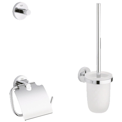 GROHE Essentials Set d'accessoires pour toilettes 3 pièces avec porte-balai de toilettes, patère et porte-rouleau de papier toilette avec clapet chrome