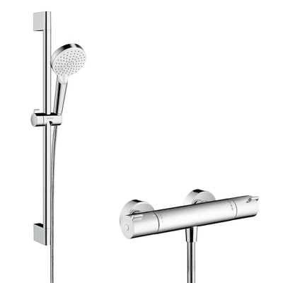 Hansgrohe Crometta Douchecombinatie: - met Ecostat - 1001 CL douchekraan - thermostatische - met glijstangset - 65cm - met Crome - thermostaat - wit chroom