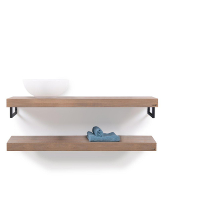 Looox Wood collection Duo étagères murales 120x46cm - 2 pièces - Avec porte-serviettes noir mat - chêne massif gris ancien