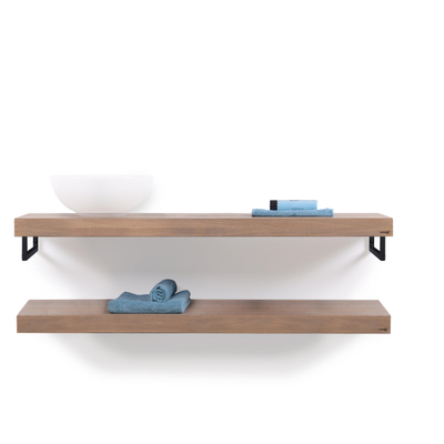 Looox Wood collection Duo étagères murales 140x46cm - 2 pièces - Avec porte-serviettes noir mat - chêne massif gris ancien