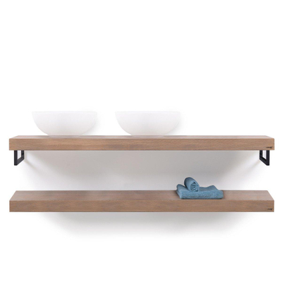 Looox Wood collection Duo wandplanken 160x46cm - 2 stuks - Met handdoekhouders zwart mat - massief eiken Old grey
