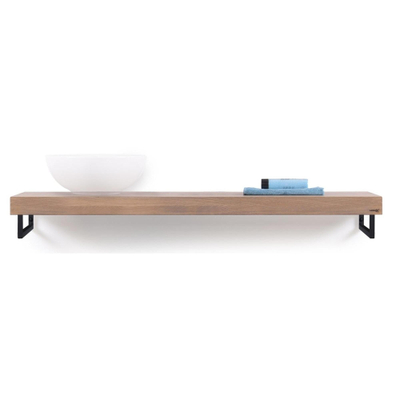 Looox Wood collection plan sous vasque - 140x46cm - Avec porte-serviettes noir mat - Chêne massif Old grey