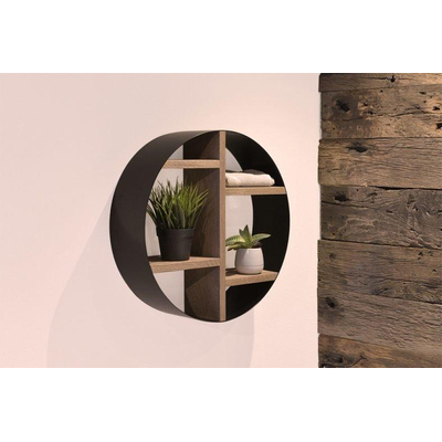 Looox Wood collection Wooden BoX niche murale ronde noir mat Ø50x14cm chêne old grey