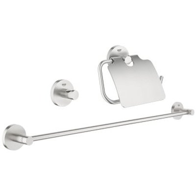 GROHE Essentials Ensemble d’accessoires de WC 3 pièces avec porte-balai de WC, patère et porte-rouleau de papier toilette avec couvercle supersteel