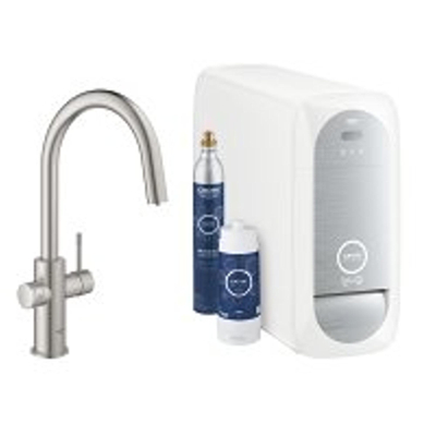 Grohe Blue Home Keukenkraan - uittrekbare c uitloop - 1 gats - filterfunctie - plat licht en bruisend water - Brushed Supersteel (RVS)