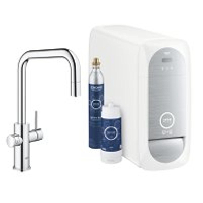 GROHE Blue Home Robinet de cuisine - bec en U extractible - 1 trou - fonction de filtration - eau plate légère et gazeuse - chrome
