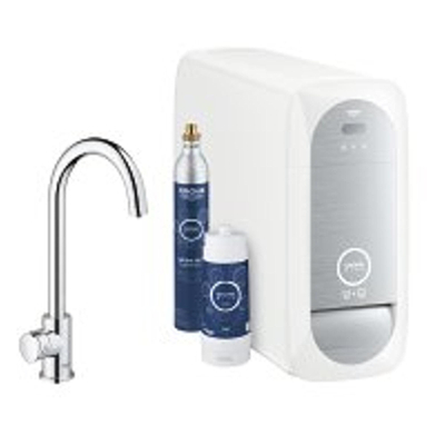 GROHE Blue Home Robinet de cuisine - bec en C - 1 trou - fonction de filtration - eau plate légèrement pétillante et gazeuse - chrome