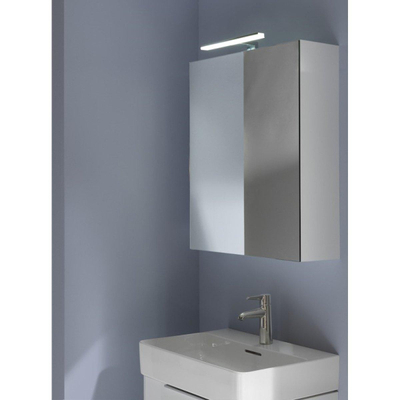 Laufen Base meuble WC 80x18.5x70cm avec éclairage à LED 2x porte miroir 2 voies à gauche 2 étagères en verre et prise en bois/ verre blanc brillant