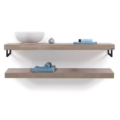 Looox Wood collection Duo étagères murales 200x46cm - 2 pièces - Avec porte-serviettes noir mat - chêne massif gris ancien