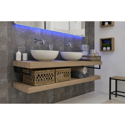 Looox Wood collection Duo étagères murales 200x46cm - 2 pièces - Avec porte-serviettes noir mat - chêne massif gris ancien