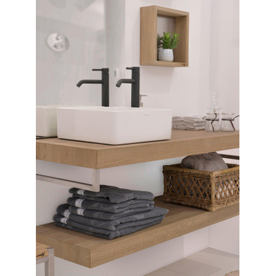 Looox Wooden Base Shelf Duo Tablette 200cm avec portes-serviettes inox, old grey chêne