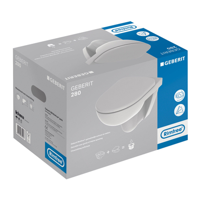 Geberit 280 Basic pack WC suspendu avec WC suspendu évacuation profonde sans bride 36x53cm avec abattant de WC à fermeture douce blanc