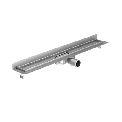 AcoShowerDrain Cdouchegoot RVS m.muurflens z. rooster, 70mm breed, stankslot 25mm785mminb. diepte 65mm m. zijuitloop