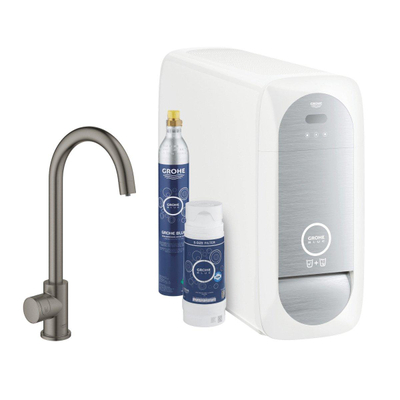 GROHE Blue Home Keukenkraan - 1-gats - C-uitloop - starterkit - Wifi - bleutooth - chilled en sparkling water - hard graphite geborsteld