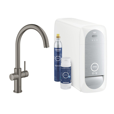 GROHE Blue Home Keukenkraan - 1-gats - C-uitloop - starterkit - Wifi - bleutooth - chilled en sparkling water - brushed hard graphite