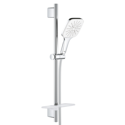 GROHE Rainshower SmartActive 130 Cube Ensemble barre de douche - 60cm - douchette à main carrée - 3 types de jets - flexible de douche lisse - avec porte-savon - chrome/moon white
