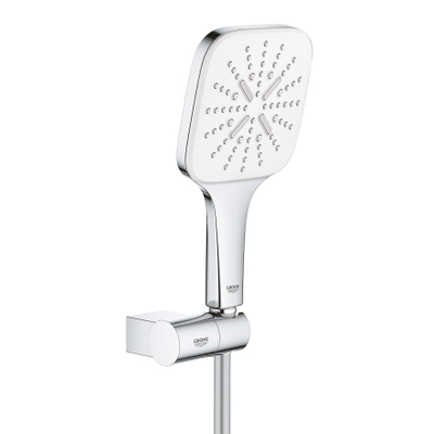 GROHE Rainshower SmartActive 130 Cube Ensemble douchette - 3 types de jet - carré - avec support - réglable - flexible lisse - 150cm - chrome/moon white