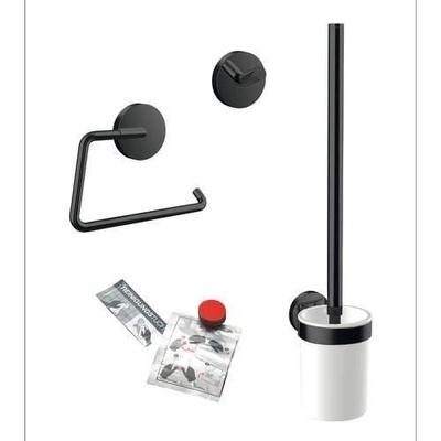 Emco Round Toiletaccessoireset - toiletborstelhouder - open - toiletrolhouder - zonder klep - handdoekhaken - 2 stuks - enkel - zwart
