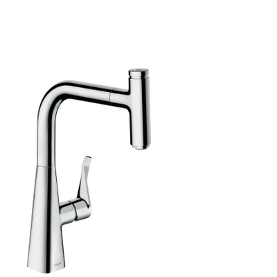 Hansgrohe Metris Select robinet de cuisine 240 avec bec extractible pivotant à 150° avec bouton Select pour fonction pause chrome