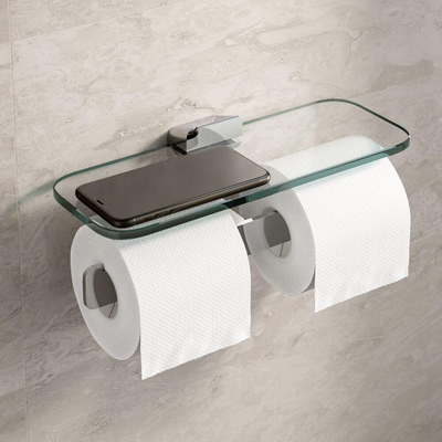 Geesa Shift porte-rouleau de toilette double Chrome avec étagère en verre transparent