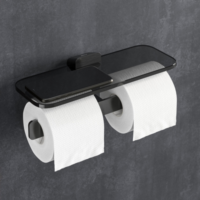 Geesa Shift Porte-papier toilette double métal noir brossé avec tablette en verre fumé