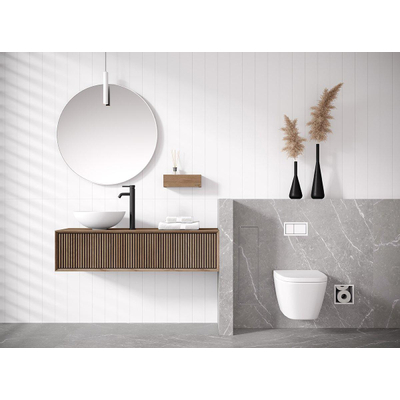 Looox Meuble sous lavabo en bois - façade à rainures verticales - 1 tiroir - évacuation à gauche et à droite - 100x30x46 cm - chêne