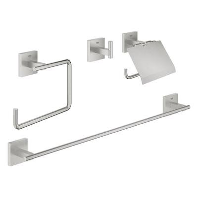 Grohe Start Cube accessoireset 4-in-1 - closetrolhouder - met klep - handdoekhaak - handdoekring - handdoekhouder 60cm - Supersteel (RVS)