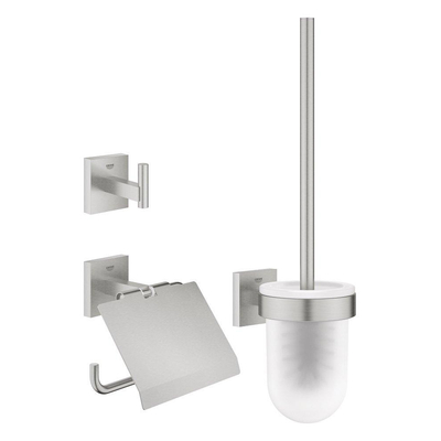 Grohe Start Cube ensemble d'accessoires 3-en-1 - porte-rouleau de papier toilette - avec clapet - patère - avec ensemble balayette de WC - avec insert en verre - supersteel
