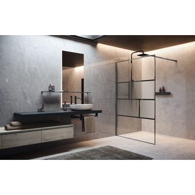 Novellini H art Paroi de douche à l'italienne - 140x200cm - Verre nervuré linea 2 - noir mat