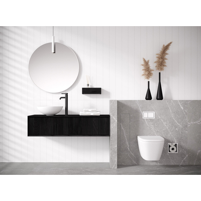 Looox Wooden Meuble sous lavabo - façade à rainures verticale - 2 tiroirs - évacuation gauche et droite - 140x30x46 cm - noir