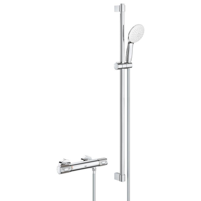 GROHE Grohtherm 1000 Performance Ensemble de douche - robinet de douche thermostatique - avec rosaces - avec barre de douchette - 90cm - douchette à main ronde - 2 jets - flexible de douche lisse - chrome
