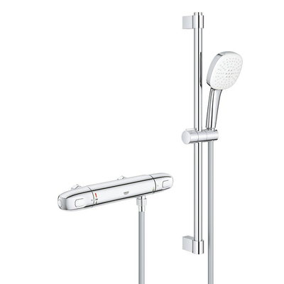 GROHE Grohtherm 1000 Ensemble de douche - mitigeur de douche thermostatique - entraxe=12cm - avec ensemble barre de douche - 60cm - douchette à main carrée - 2 jets - flexible de douche lisse - chrome