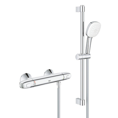 GROHE Grohtherm 1000 Doucheset - thermostatische douchekraan - met rozetten - met glijstangset - 60cm - vierkante handdouche - 2 straalsoorten - gladde doucheslang - chroom TWEEDEKANS